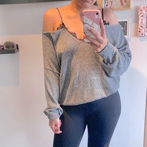 Grey off the shoulder sweater with lace detailing